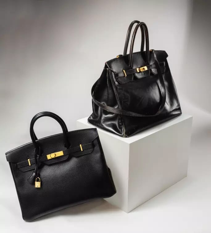 Jane's Original Birkin Bag next to a modern Birkin 35