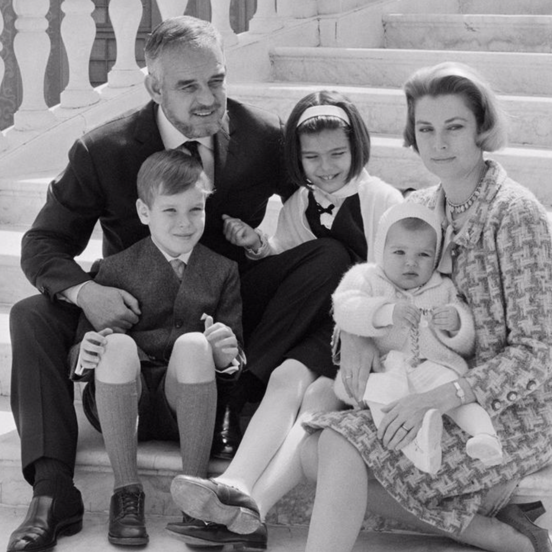 Prince Rainier with Grace Kelly, Caroline, Albert, and Stéphanie