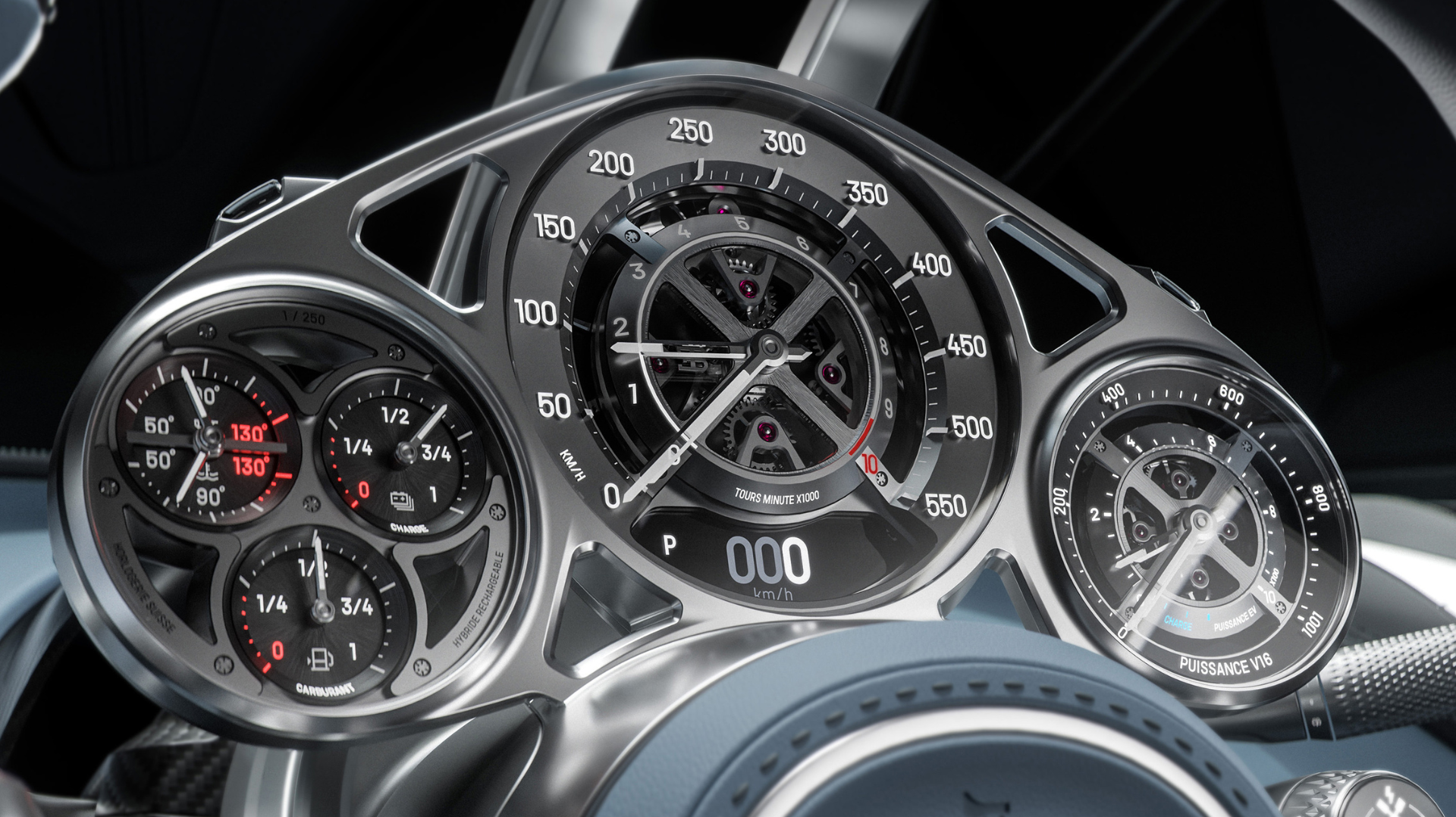 The engineering and design excellence of the Bugatti Tourbillon is perfectly illustrated by its analogue instrument panel, meticulously crafted by Swiss watchmakers