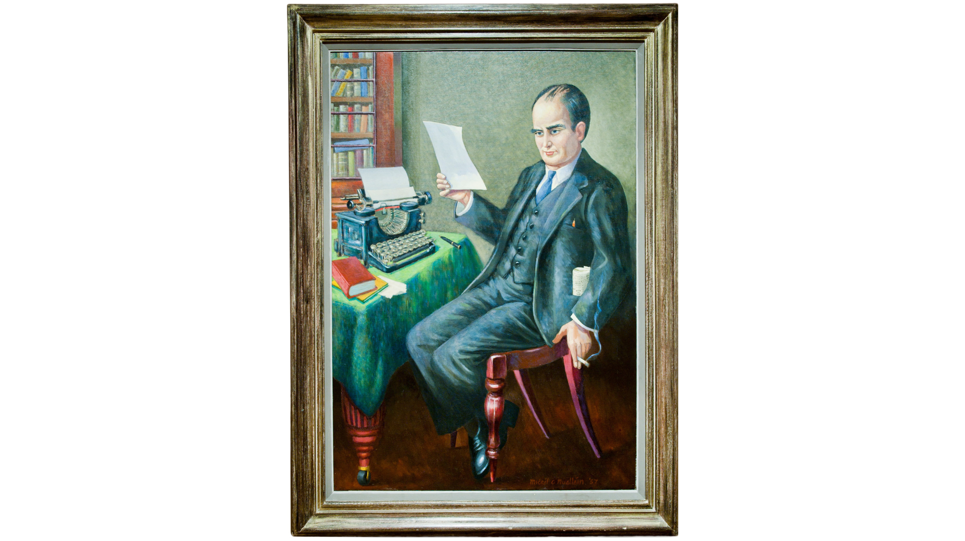 Flann O’Brien full figure, seated at his desk, oil paint, 1957