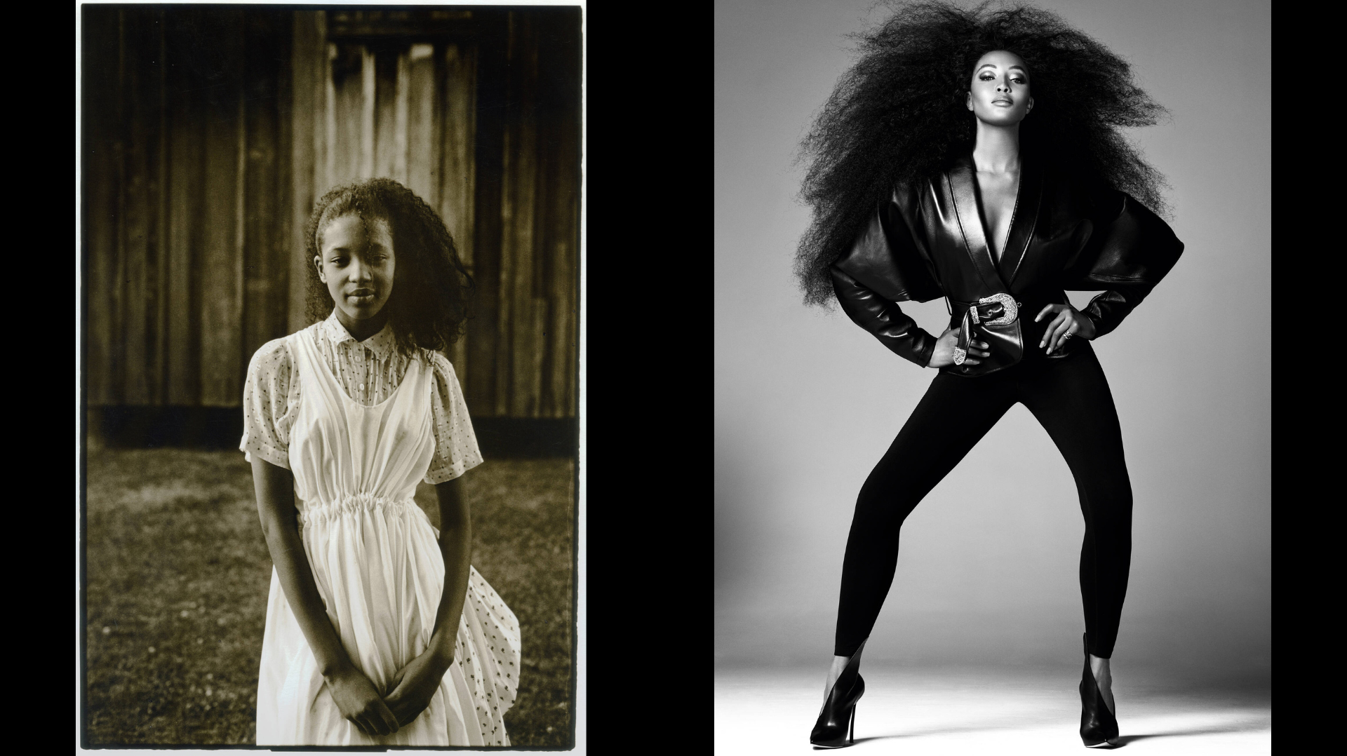 Naomi Campbell as a young girl. © Martin Brading, Photo: © Steven Meisel / Leather jacket with embellished belt: © Alexandre Vauthier